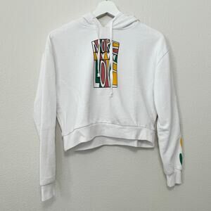 Mighty Fine Women White More Love Heart Hoodie Crop Pullover Sweater Size Medium